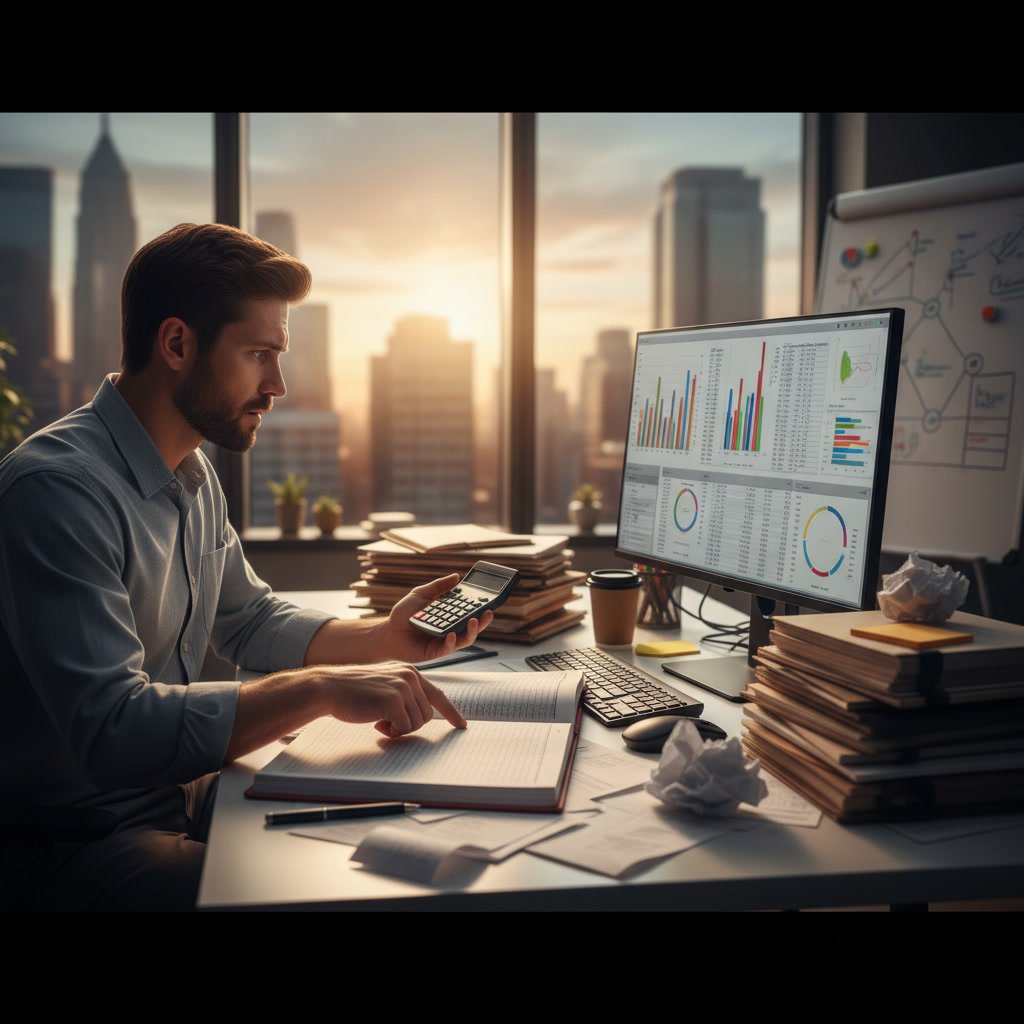 Professional accountant organizing financial documents and receipts for bookkeeping error correction