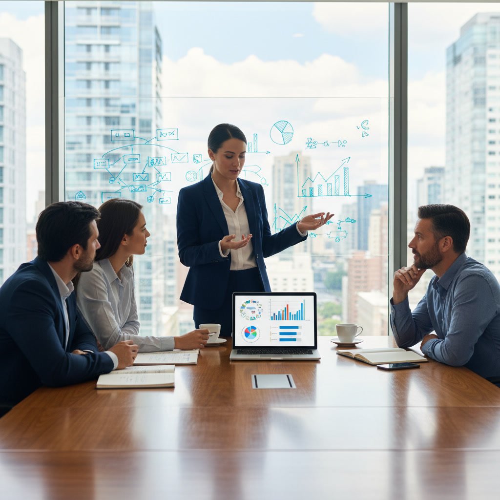 Small business owner reviewing financial documents with general financial consultant in office setting