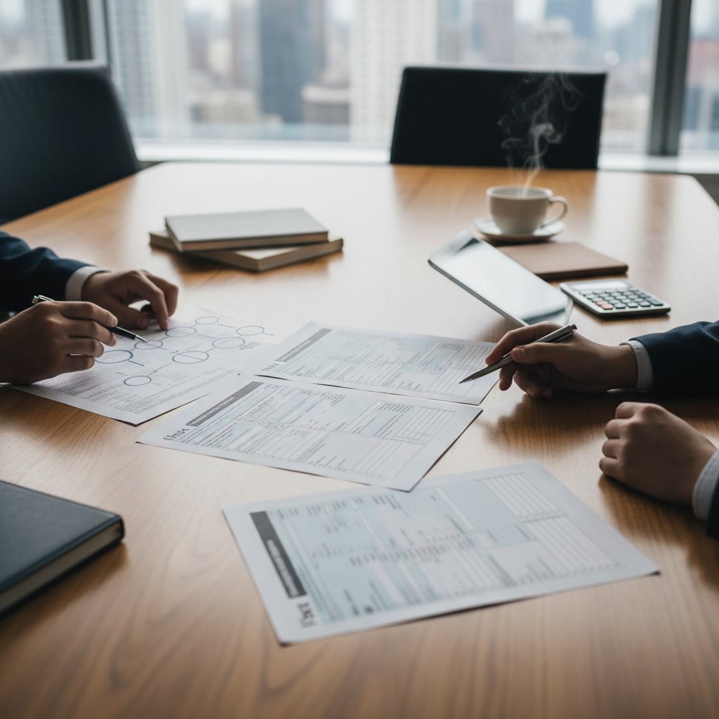 Business owner reviewing tax return documents line by line
