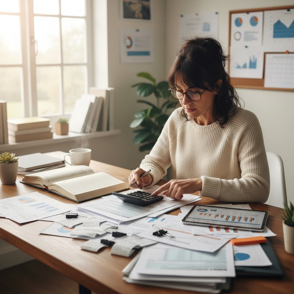 Business owner reviewing tax forms and receipts for small business tax accounting