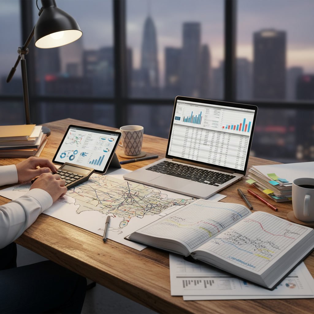Accountant calculating apportionment formulas for multi state business tax returns