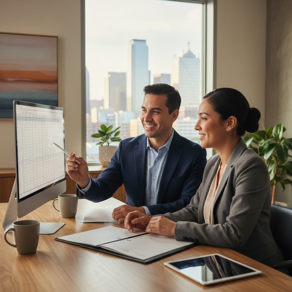 Bilingual tax accountant working with Spanish-speaking business owner in Dallas office