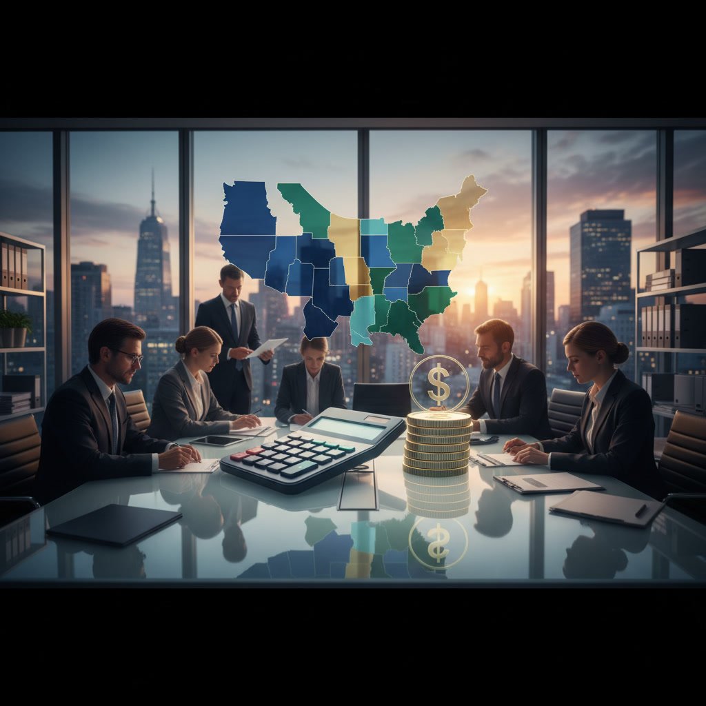 Business owner reviewing multi state tax accounting documents across Texas and Florida