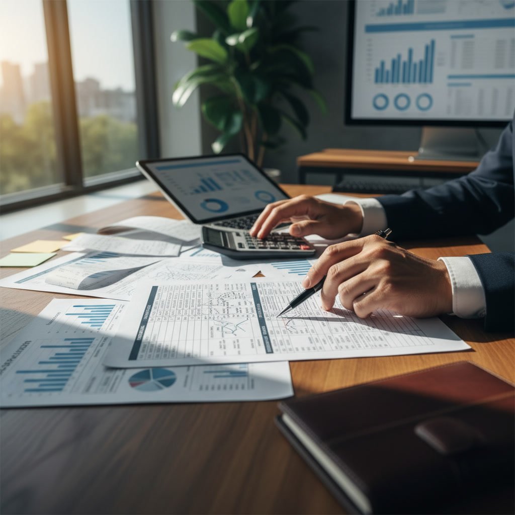 Business owner reviewing tax documents and financial statements at desk