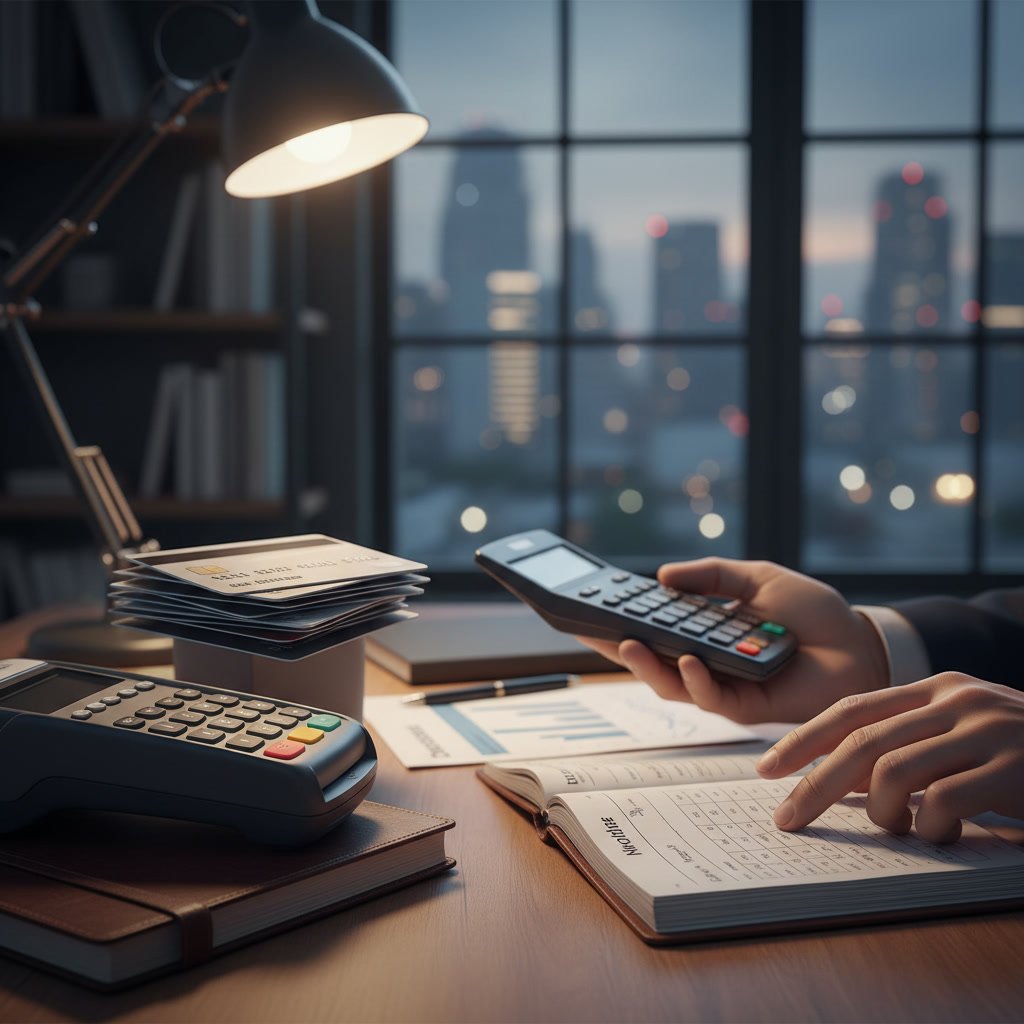 Business owner managing tax accounting for credit card payment processing