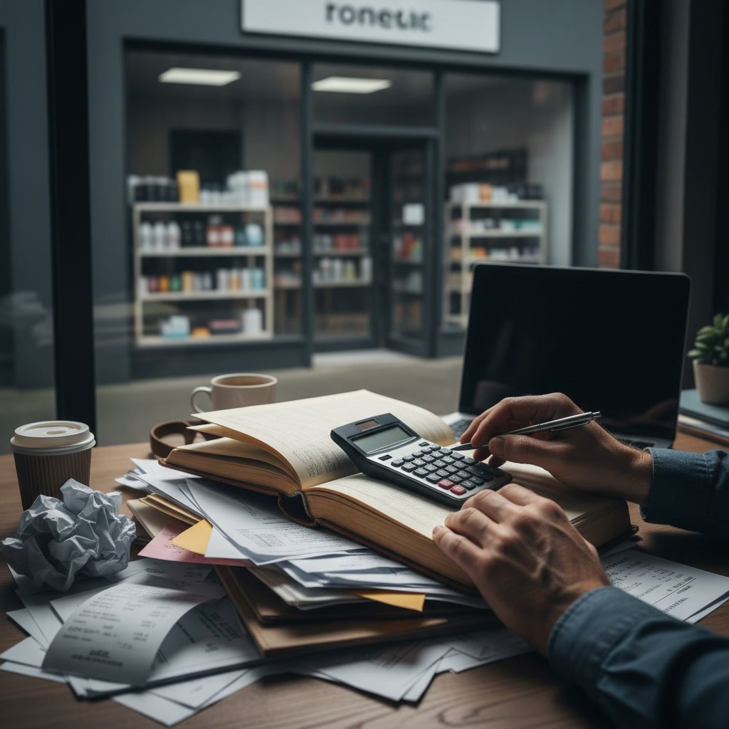 Business owner reviewing financial documents and bookkeeping records before applying for funding